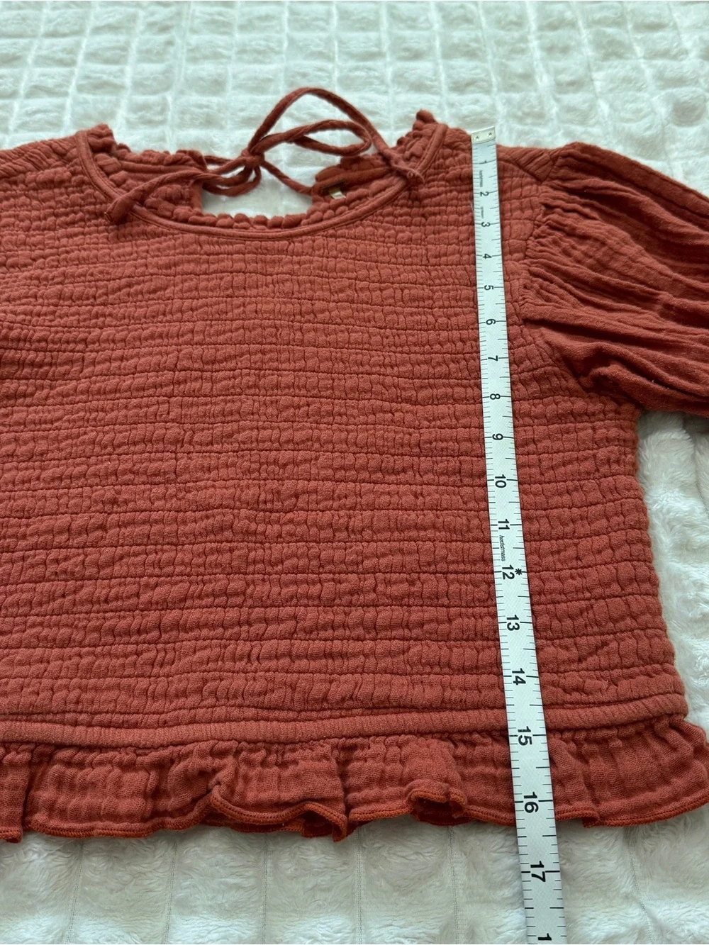 Free People Medium Rust Orange Smocked Textured Puff Sleeve Crop Cropped Top